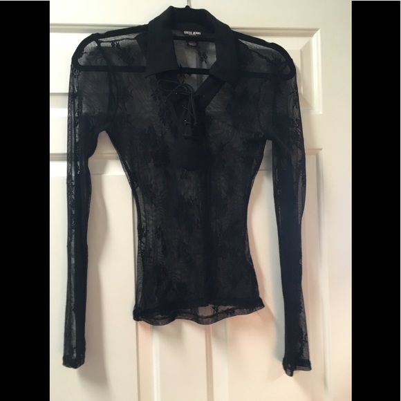 Vintage mesh lace up collared top - Picture 1 of 5